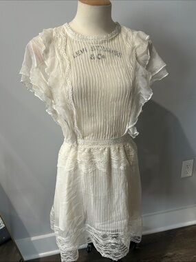Vintage Ivory Sheer Lace Pleated Ruffled Dress